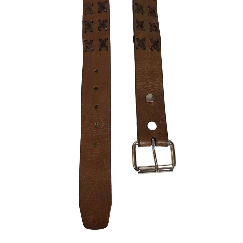 Brown Leather Belt, Criss Cross Weave Retro Silver Hardware Worn Look L XL Mocha